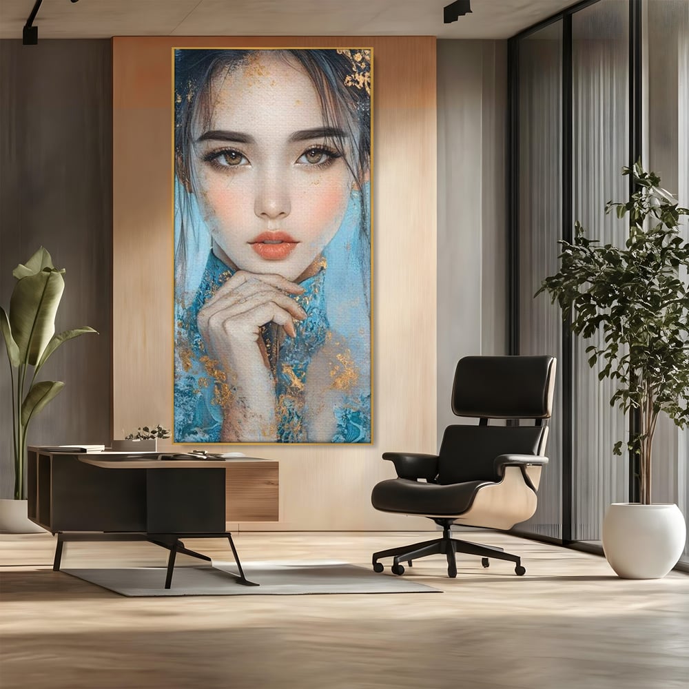 Tablou canvas cu tablou canvas cu chip de femeie, in rama de aluminiu auriu, pe perete intr-un birou