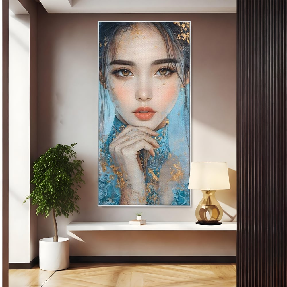 Tablou canvas cu tablou canvas cu chip de femeie, in rama de aluminiu argintiu