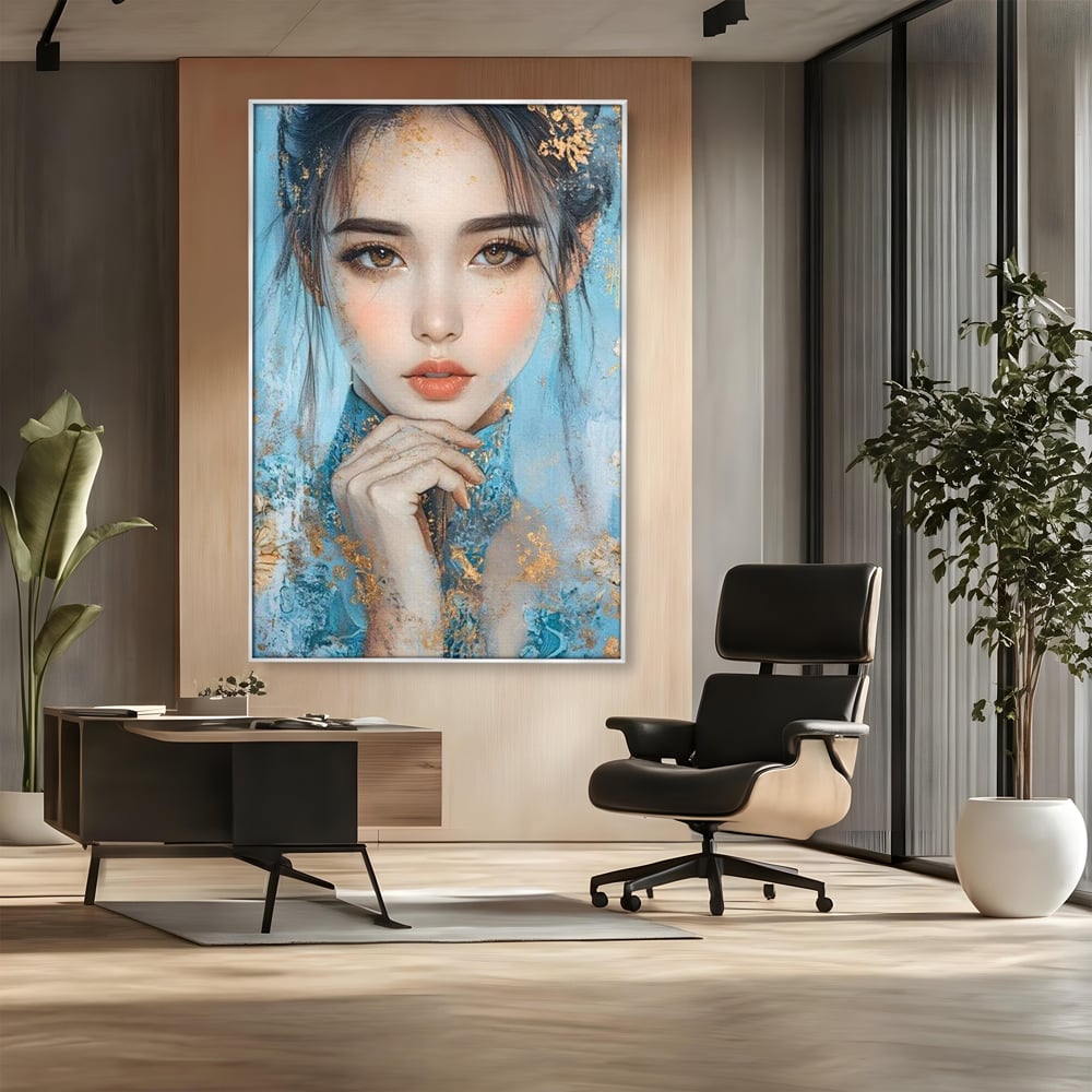 Tablou canvas cu tablou canvas cu chip de femeie, in rama de aluminiu argintiu, pe perete intr-un birou