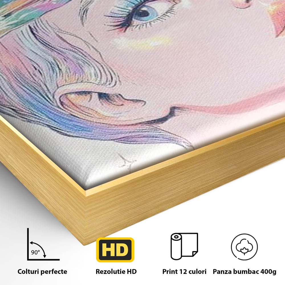 Detaliu al suprafetei: ilustratie cu portret de femeie si galaxie, in rama de aluminiu auriu