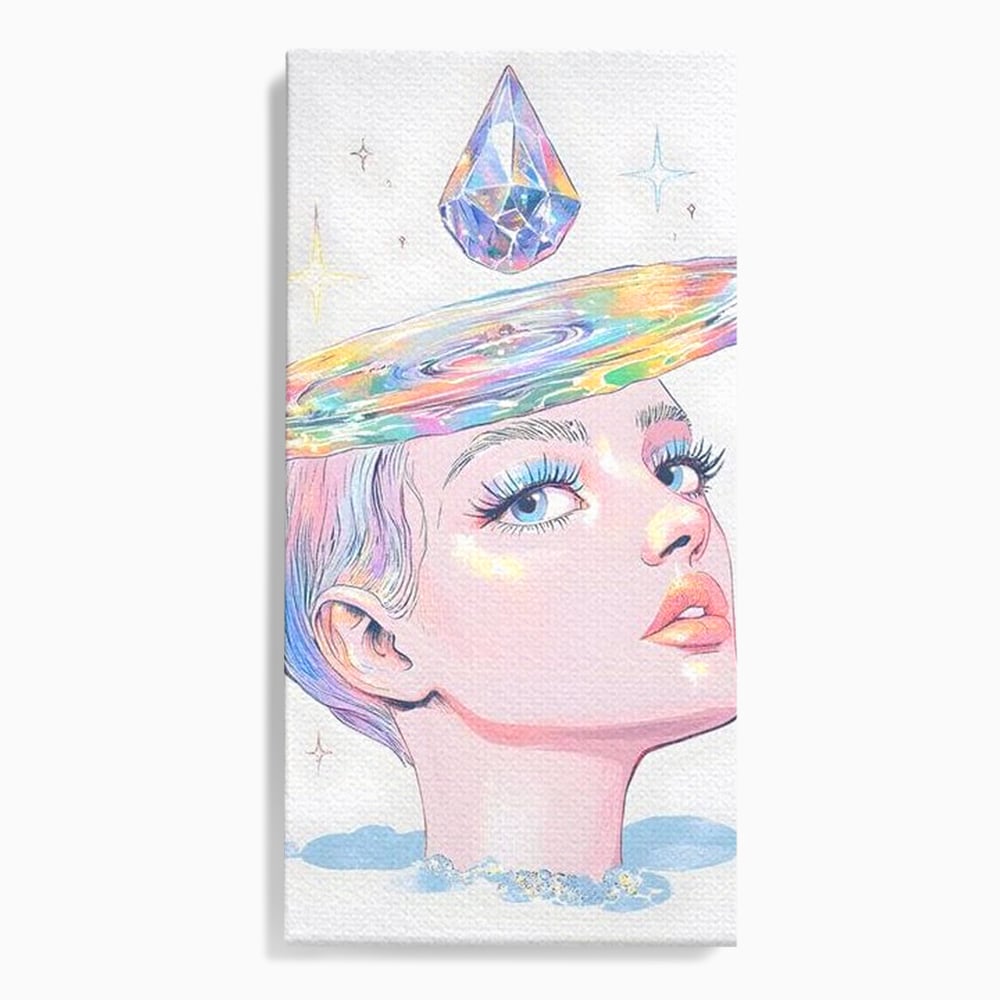 Tablou canvas cu ilustratie cu portret de femeie si galaxie, fara rama, pe sasiu de lemn