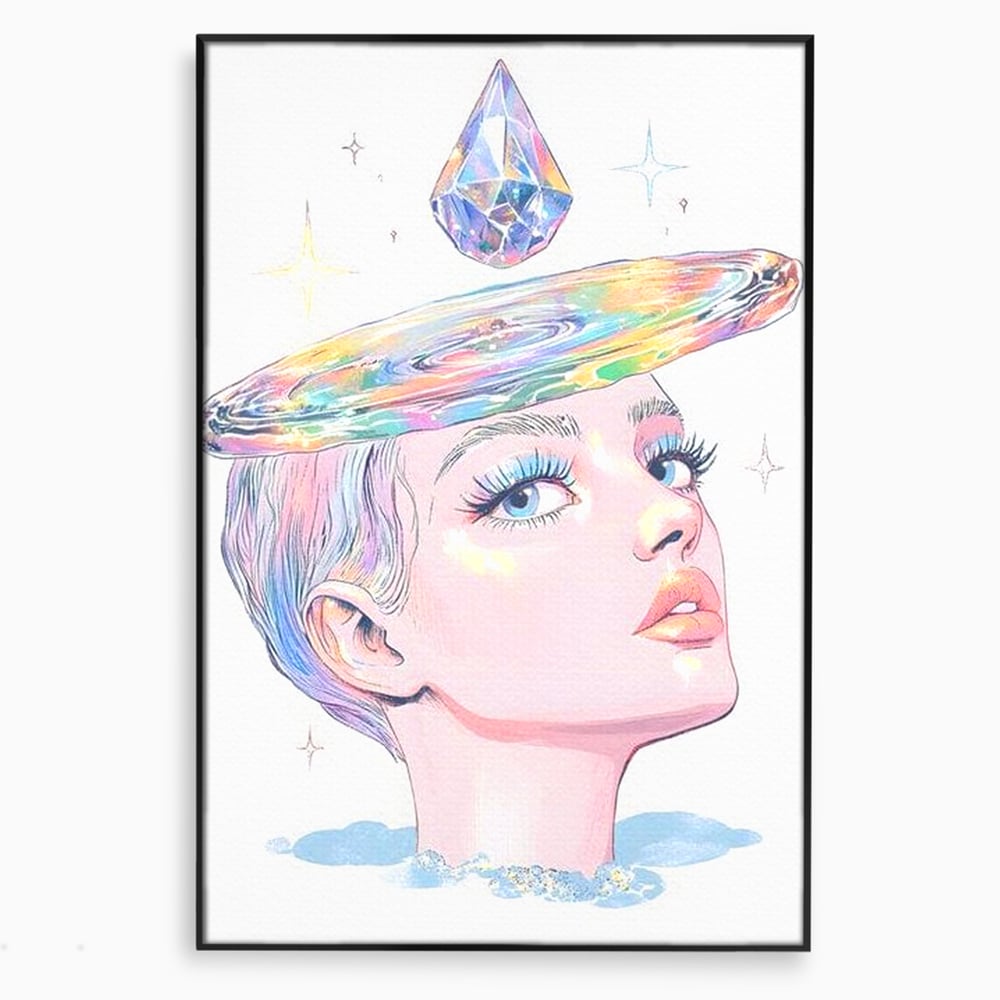 Tablou canvas cu ilustratie cu portret de femeie si galaxie, in rama de aluminiu negru