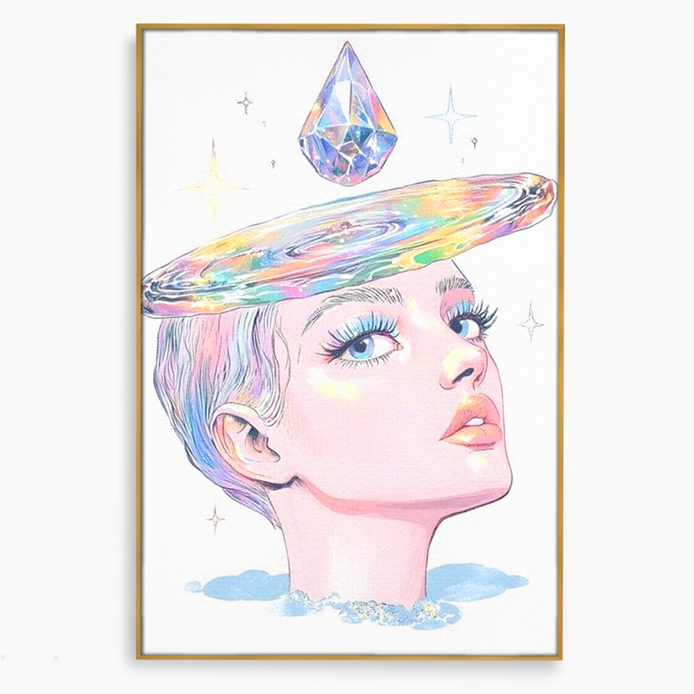 Tablou canvas cu ilustratie cu portret de femeie si galaxie, in rama de aluminiu auriu