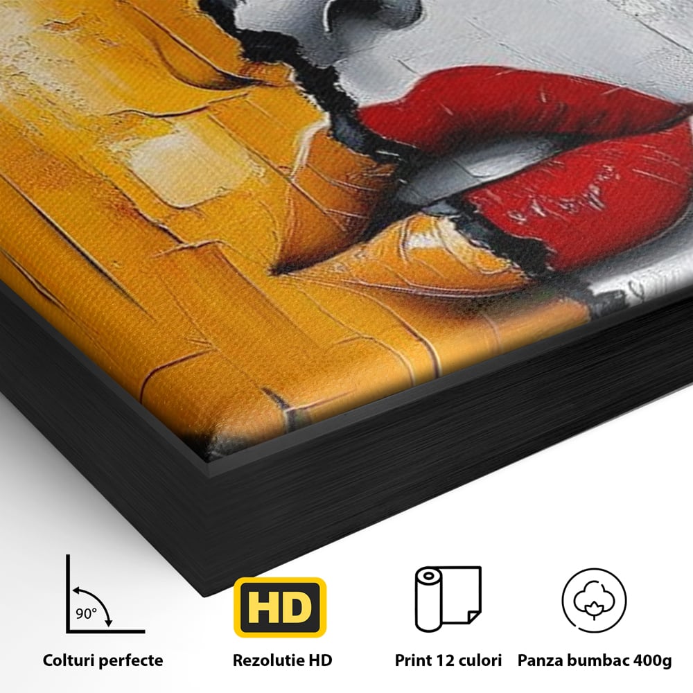 Detaliu al suprafetei: tablou canvas portret feminin divizat, in rama de aluminiu negru