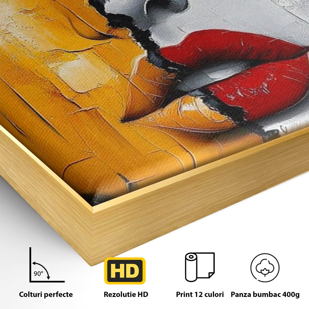 Detaliu al suprafetei: tablou canvas portret feminin divizat, in rama de aluminiu auriu