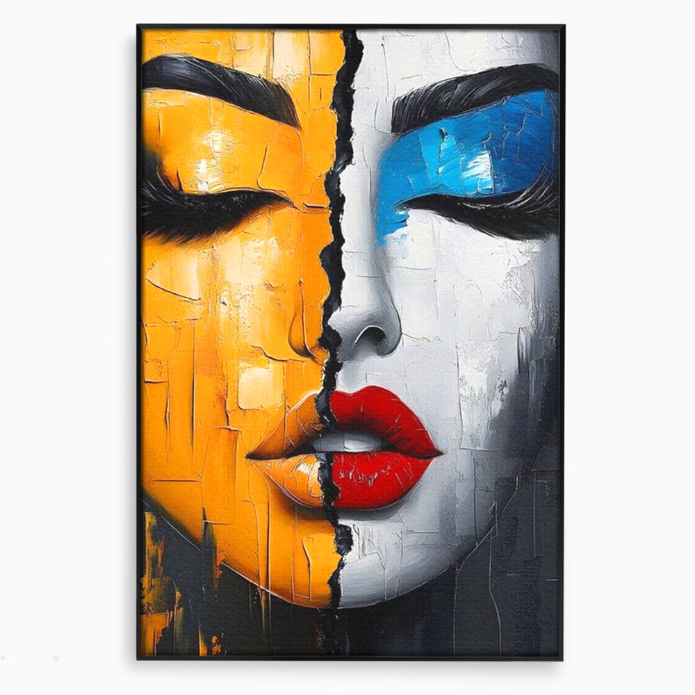 Tablou canvas cu tablou canvas portret feminin divizat, in rama de aluminiu negru