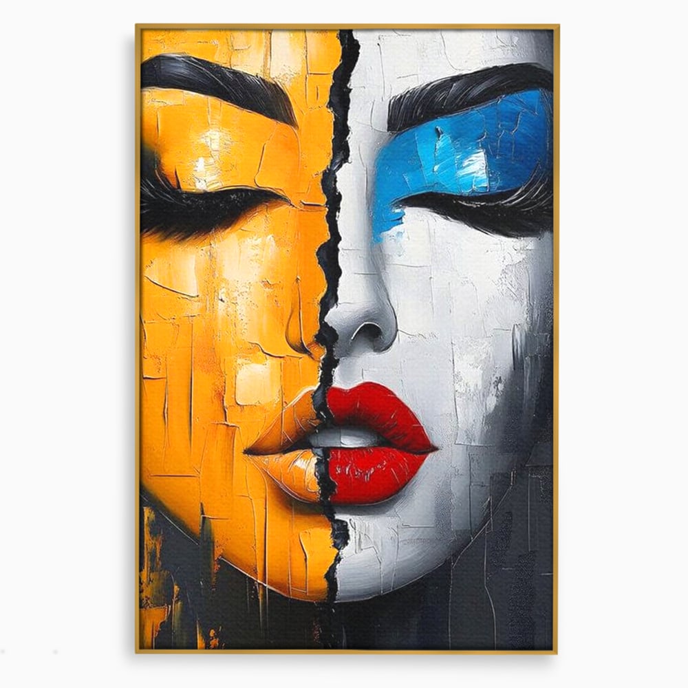 Tablou canvas cu tablou canvas portret feminin divizat, in rama de aluminiu auriu