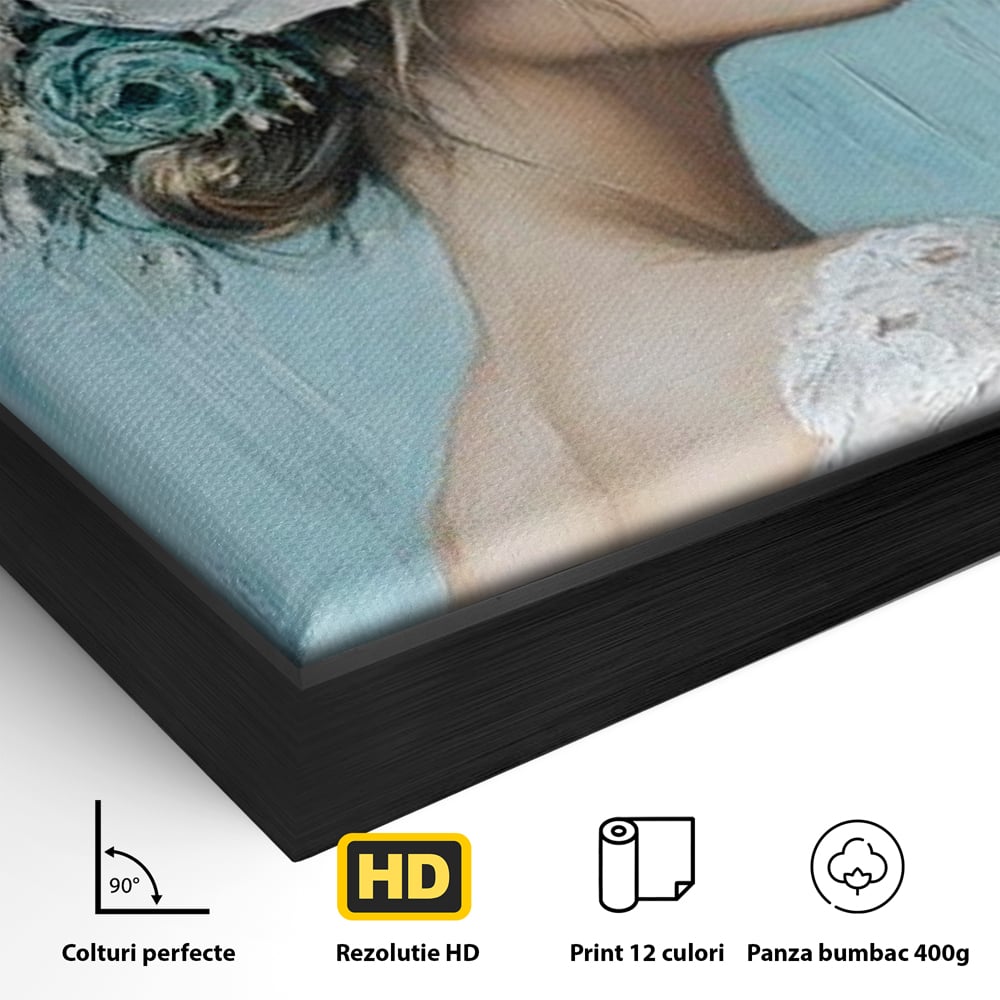 Detaliu al suprafetei: tablou canvas cu femeie si flori, in rama de aluminiu negru