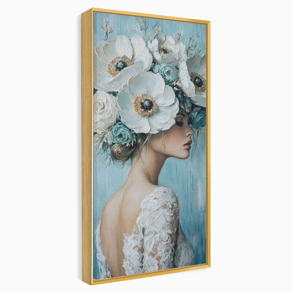 Tablou canvas cu tablou canvas cu femeie si flori, in rama de aluminiu auriu