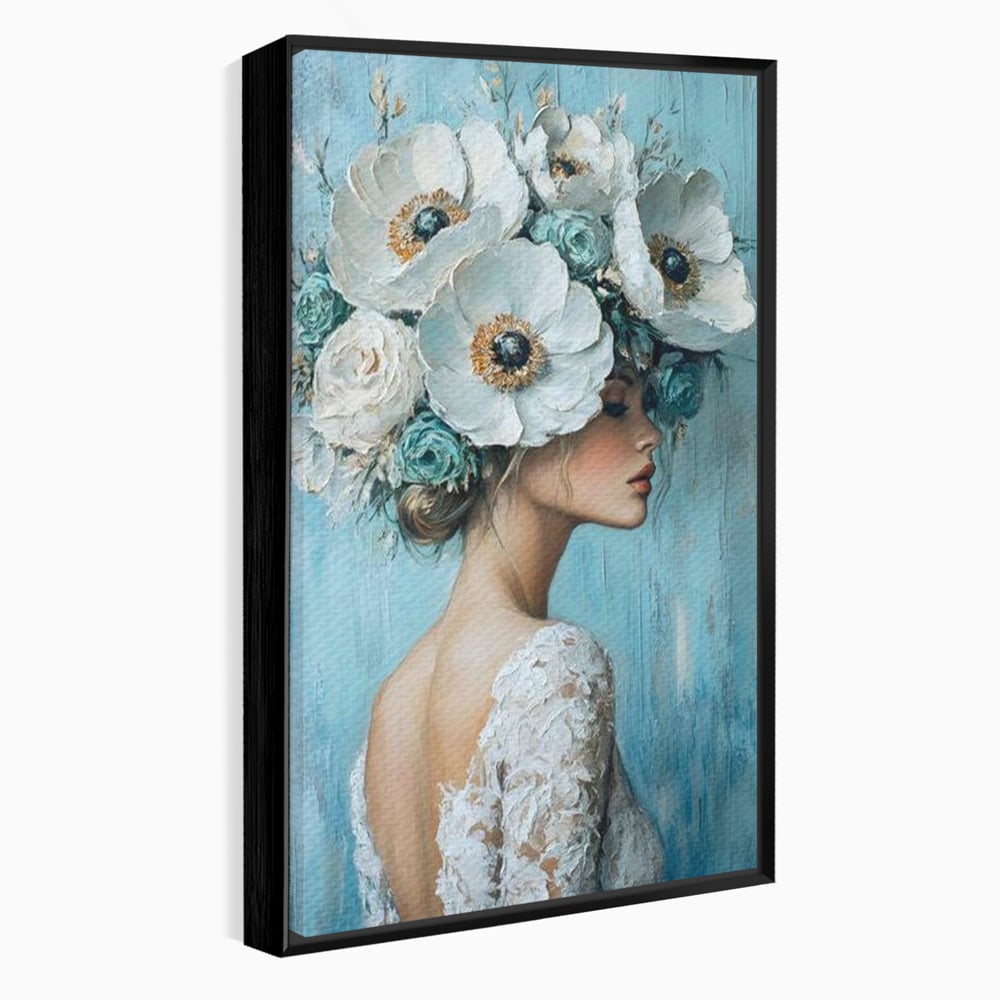Tablou canvas cu tablou canvas cu femeie si flori, in rama de aluminiu negru
