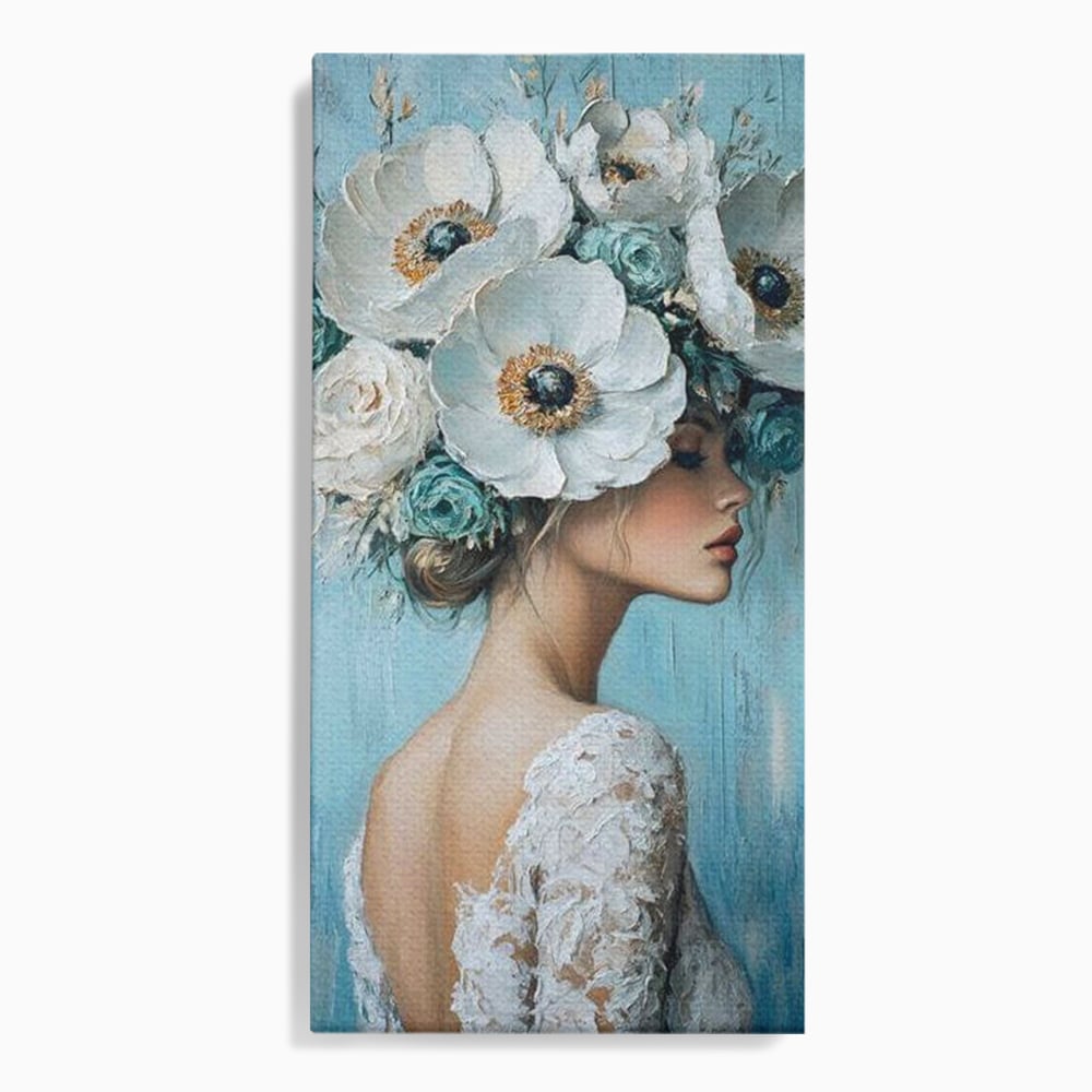 Tablou canvas cu tablou canvas cu femeie si flori, fara rama, pe sasiu de lemn