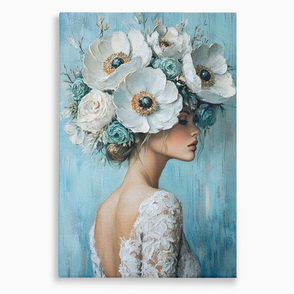 Tablou canvas cu tablou canvas cu femeie si flori, fara rama, pe sasiu de lemn