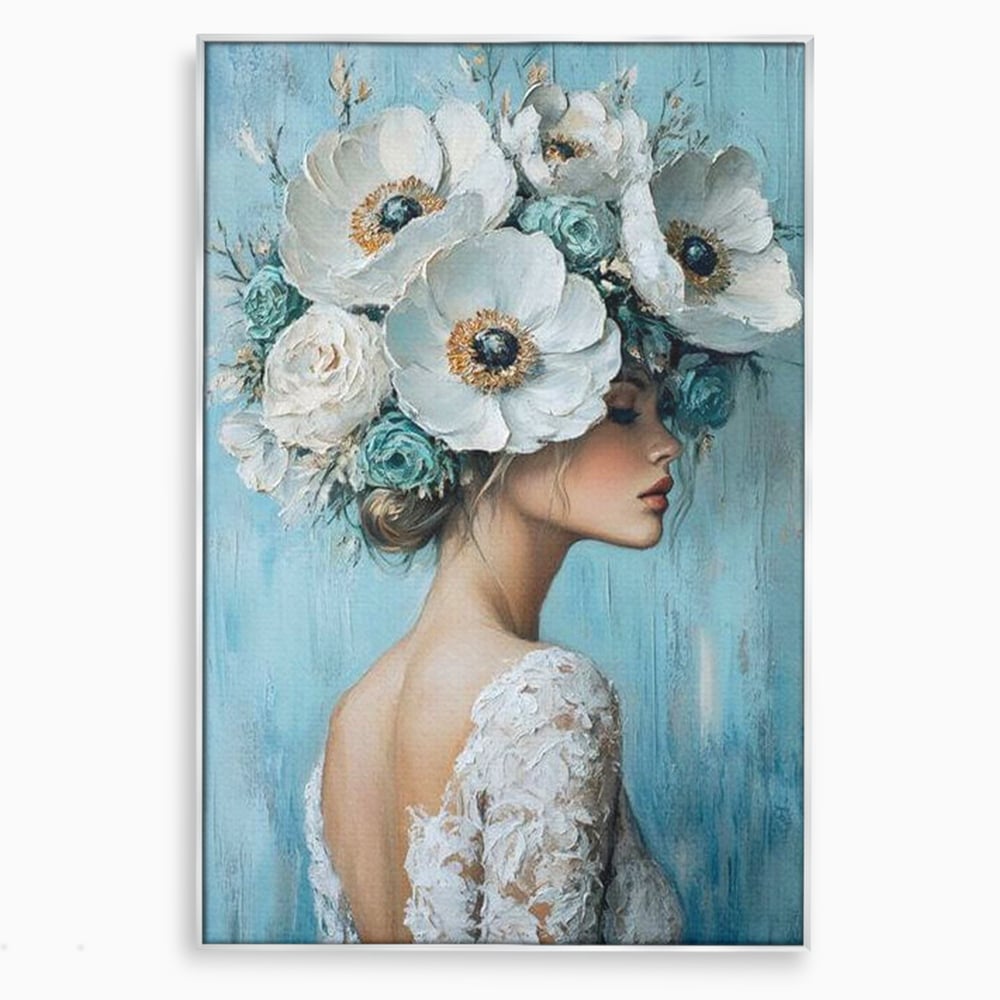 Tablou canvas cu tablou canvas cu femeie si flori, in rama de aluminiu argintiu
