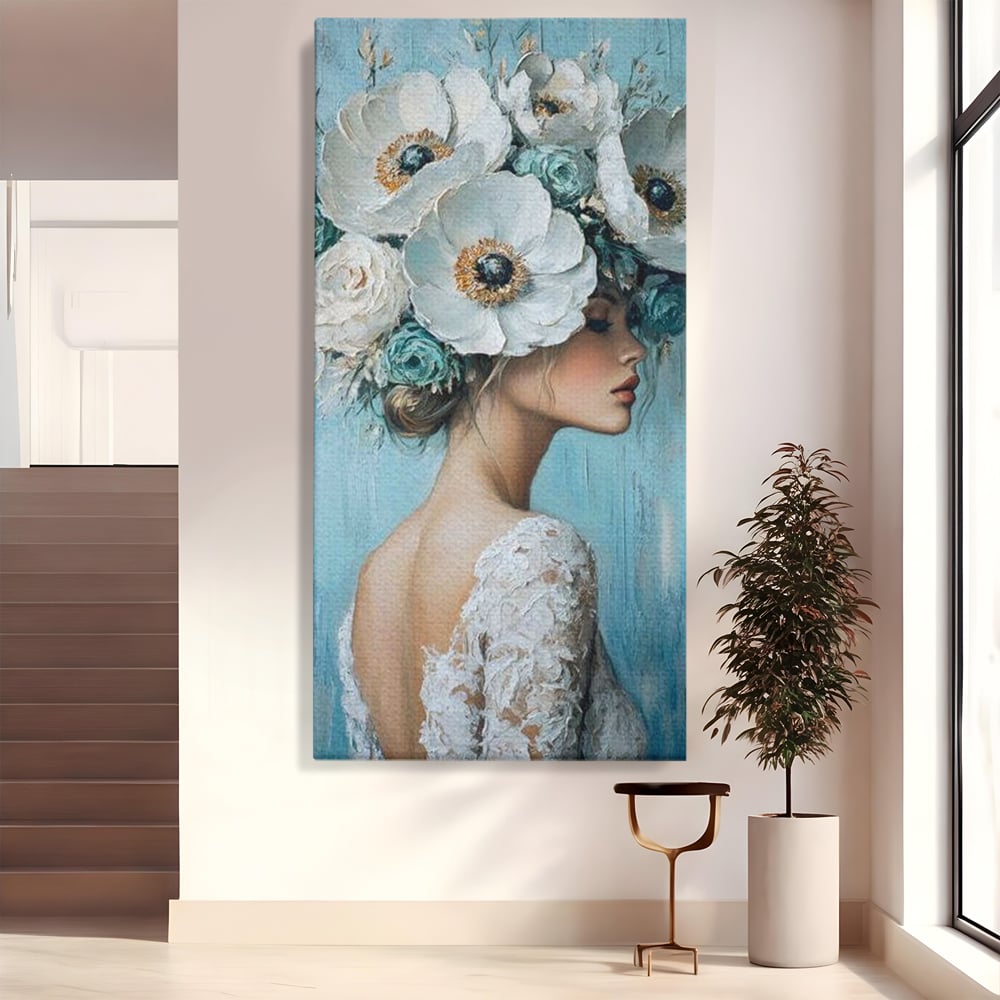 Tablou canvas cu tablou canvas cu femeie si flori, fara rama, pe sasiu de lemn