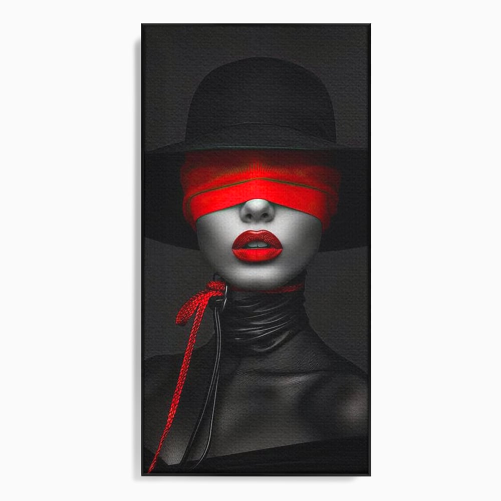 Tablou canvas cu tablou canvas cu femeie si voal rosu, in rama de aluminiu negru