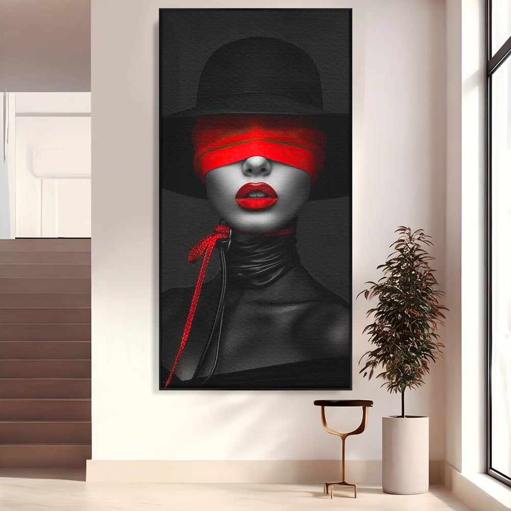 Tablou canvas cu tablou canvas cu femeie si voal rosu, in rama de aluminiu negru