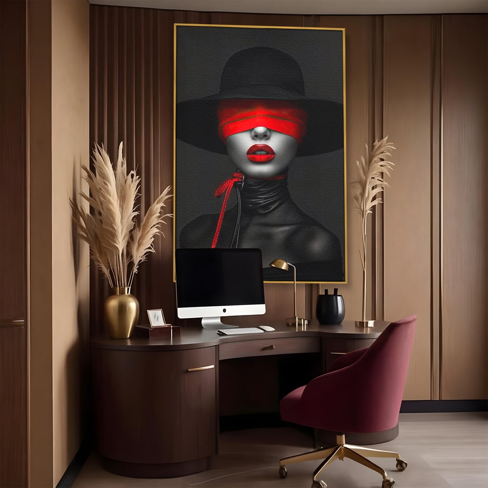 Tablou canvas cu tablou canvas cu femeie si voal rosu, in rama de aluminiu auriu, pe perete intr-un birou