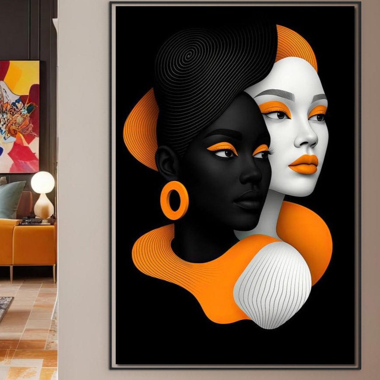 Tablou Canvas Premium, LuxCanva® G1213, Unirea Lumilor, Fete, Suflete, Alb, Negru, Portocaliu, Fusion, Simetrie, Portret, Diversitate, Poem, Umbra, Oglinda, Polaritate, Salon, Birou, Living, Dormitor