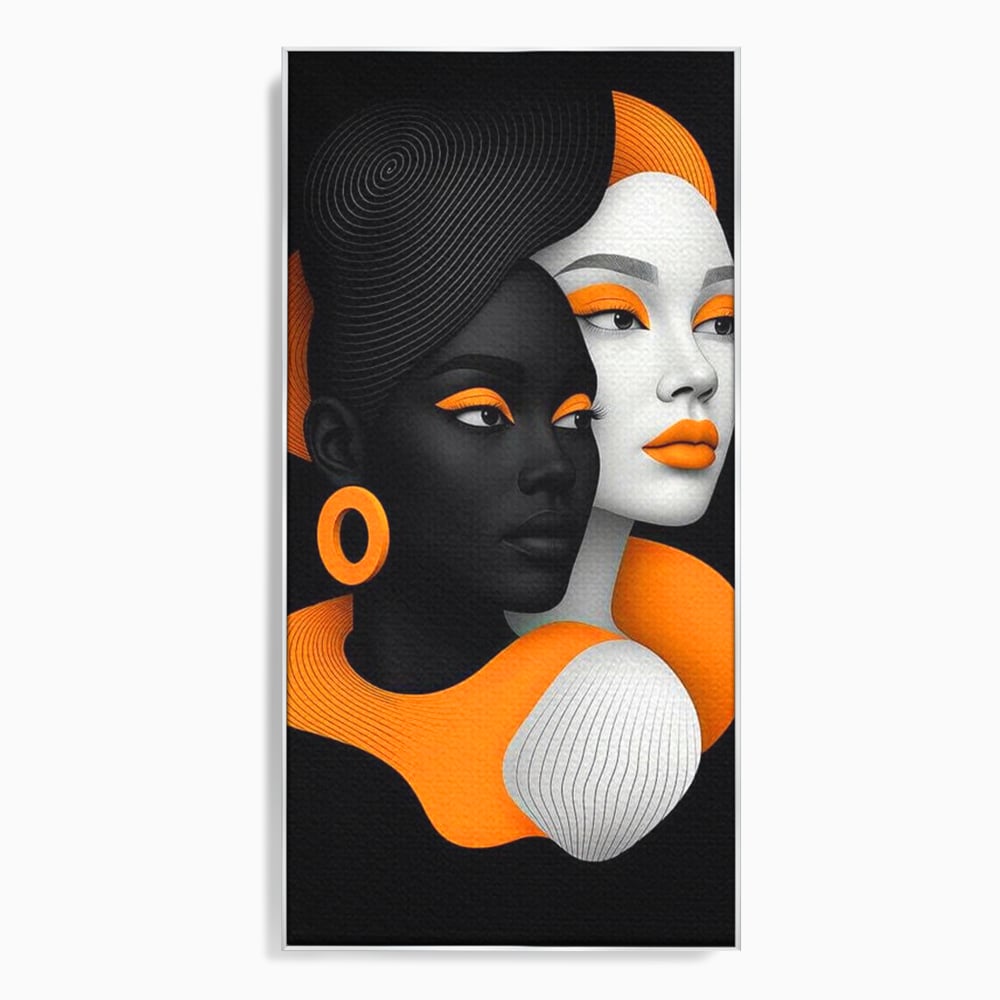Tablou canvas cu ilustratie digitala cu doua chipuri de femeie, in rama de aluminiu argintiu