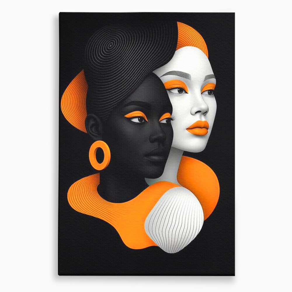 Tablou canvas cu ilustratie digitala cu doua chipuri de femeie, fara rama, pe sasiu de lemn