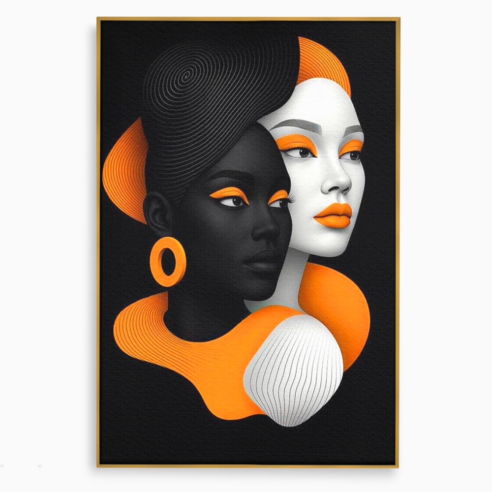 Tablou canvas cu ilustratie digitala cu doua chipuri de femeie, in rama de aluminiu auriu