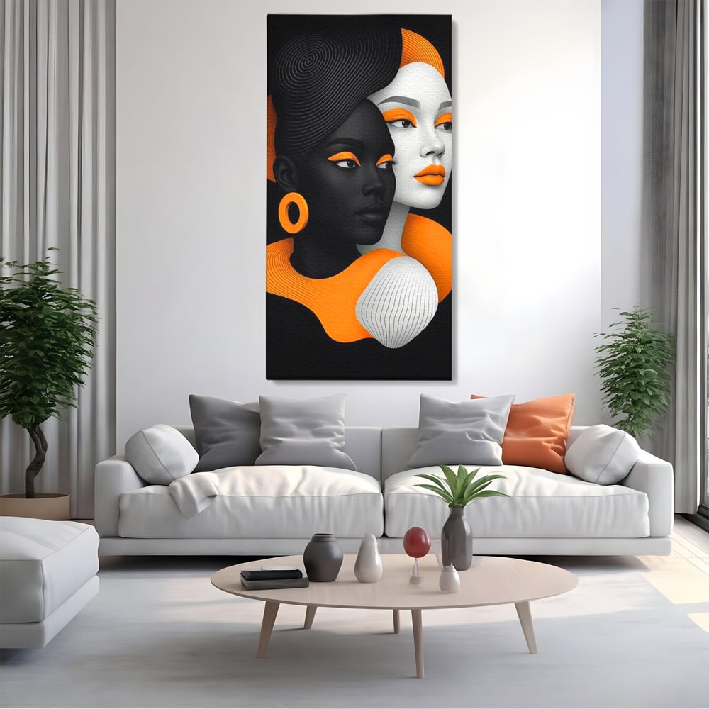Tablou canvas cu ilustratie digitala cu doua chipuri de femeie, fara rama, pe sasiu de lemn, pe perete intr-un living