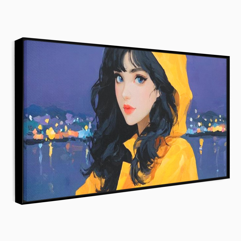 Tablou canvas cu tablou canvas cu femeie in pelerina galben, in rama de aluminiu negru
