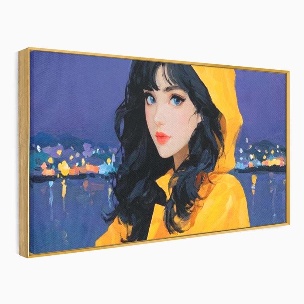 Tablou canvas cu tablou canvas cu femeie in pelerina galben, in rama de aluminiu auriu