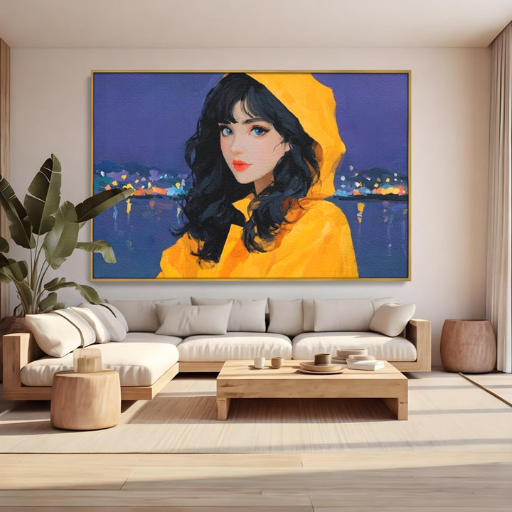 Tablou canvas cu tablou canvas cu femeie in pelerina galben, in rama de aluminiu auriu, pe perete intr-un living