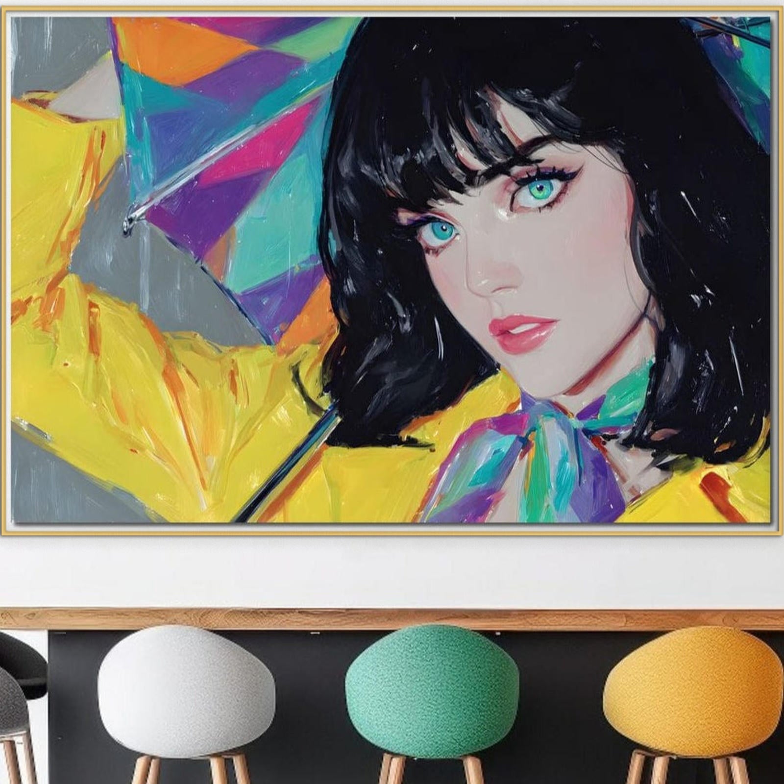 Tablou Canvas Premium, LuxCanva® G1216, Energia Tineretii, Privire, Curcubeu, Umbrela, Ploaie, Ochi, Turcoaz, Zambet, Cromatic, Neon, Vise, Aura, Dans, Melodie, Acvatic, Salon, Birou, Living,