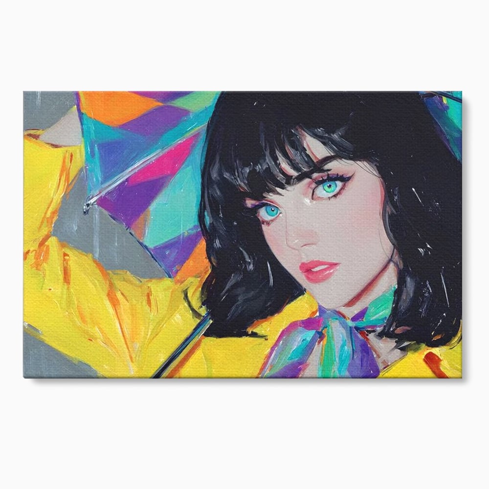 Tablou canvas cu pictura cu femeie bruneta si umbrela colorata, fara rama, pe sasiu de lemn