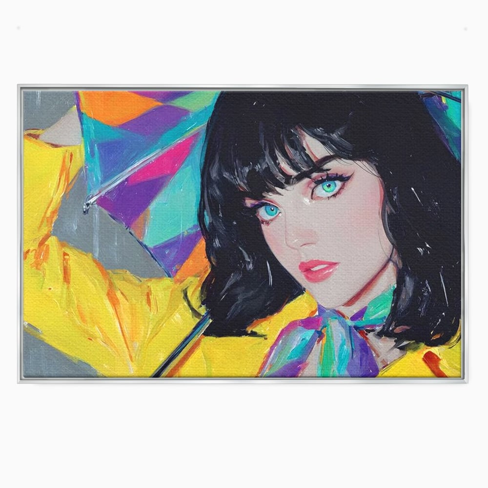 Tablou canvas cu pictura cu femeie bruneta si umbrela colorata, in rama de aluminiu argintiu