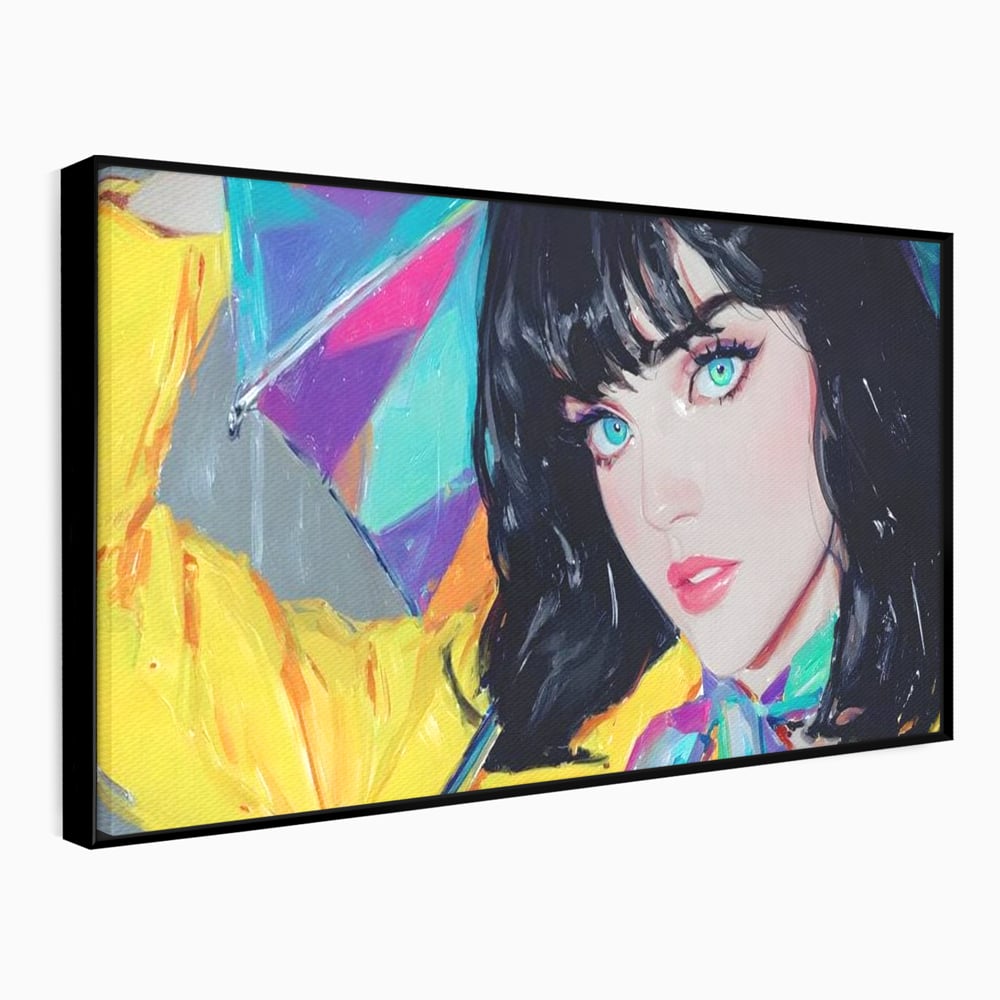Tablou canvas cu pictura cu femeie bruneta si umbrela colorata, in rama de aluminiu negru