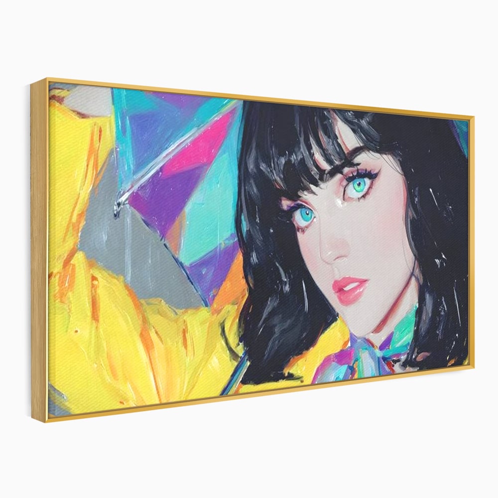 Tablou canvas cu pictura cu femeie bruneta si umbrela colorata, in rama de aluminiu auriu