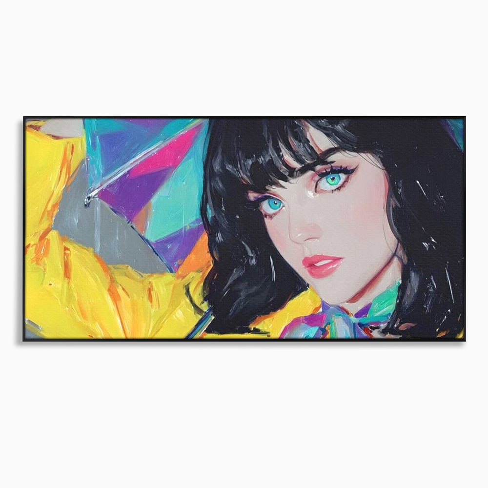 Tablou canvas cu pictura cu femeie bruneta si umbrela colorata, in rama de aluminiu negru