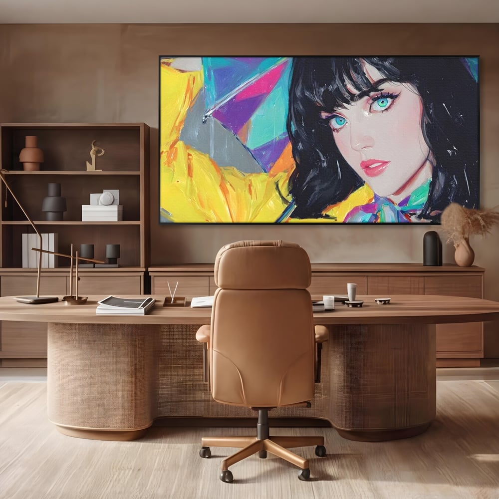Tablou canvas cu pictura cu femeie bruneta si umbrela colorata, in rama de aluminiu negru, pe perete intr-un birou
