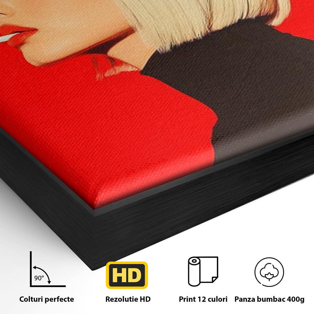 Detaliu al suprafetei: ilustratie digitala cu femeie blonda fumand, in rama de aluminiu negru