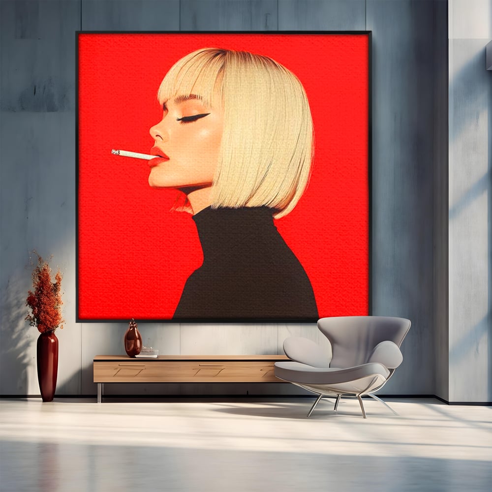 Tablou canvas cu ilustratie digitala cu femeie blonda fumand, in rama de aluminiu negru