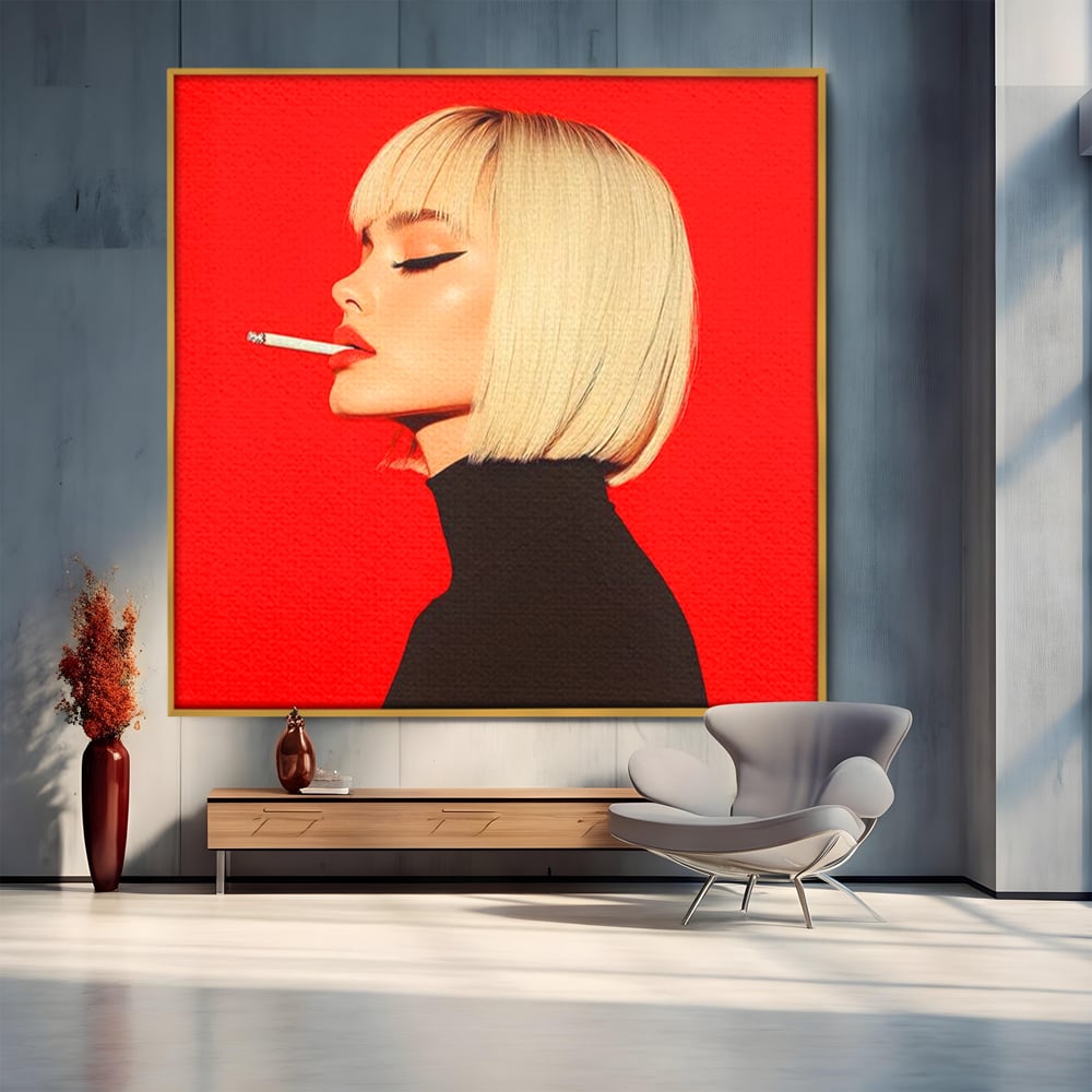 Tablou canvas cu ilustratie digitala cu femeie blonda fumand, in rama de aluminiu auriu