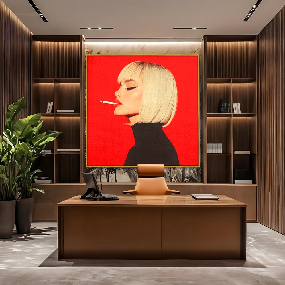 Tablou canvas cu ilustratie digitala cu femeie blonda fumand, in rama de aluminiu auriu, pe perete intr-un birou