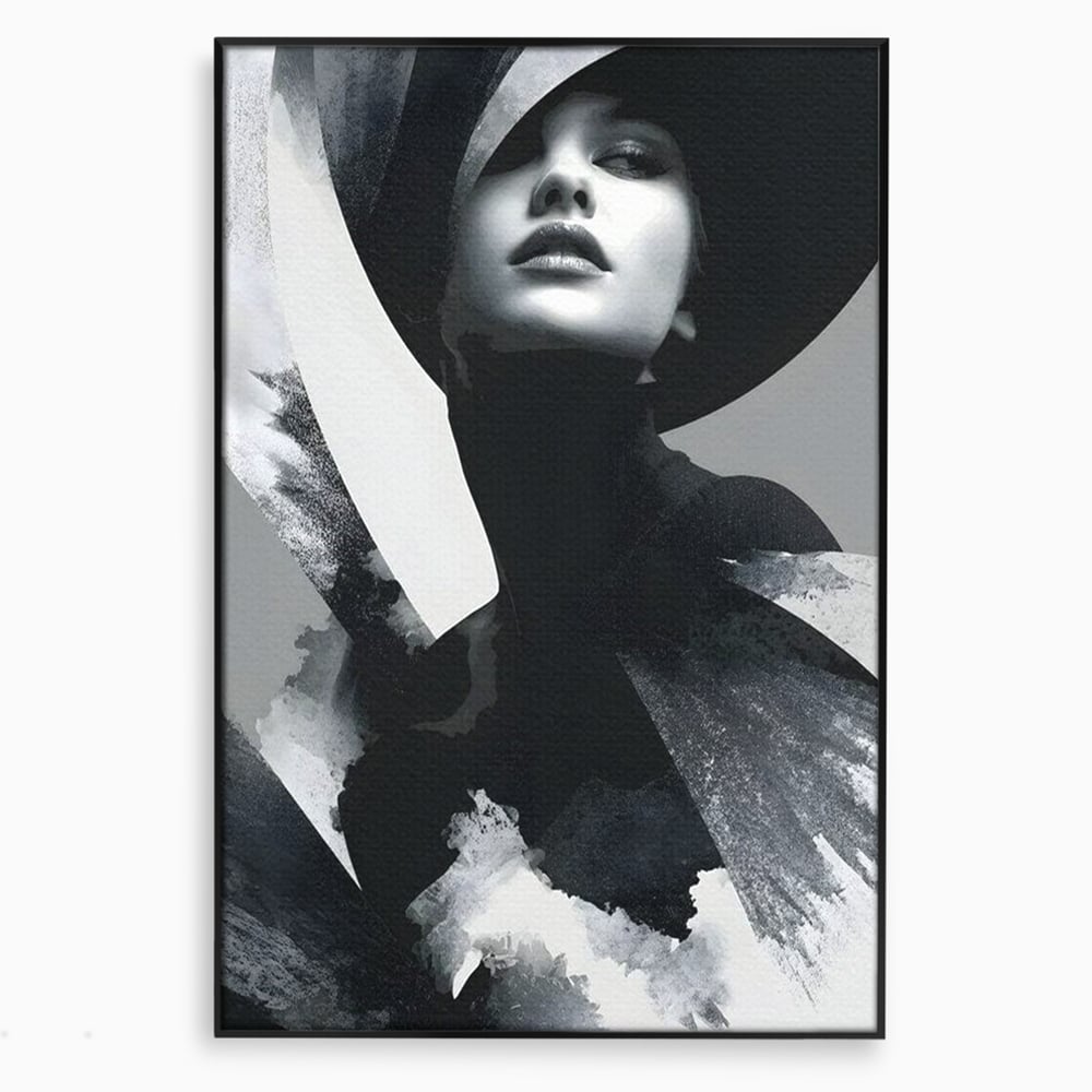 Tablou canvas cu tablou canvas cu portret artistic de femeie, in rama de aluminiu negru