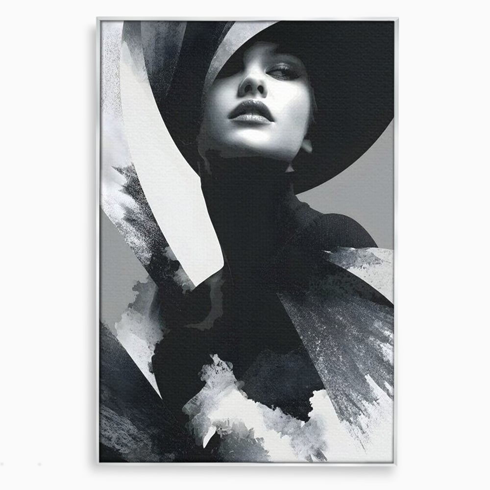 Tablou canvas cu tablou canvas cu portret artistic de femeie, in rama de aluminiu argintiu