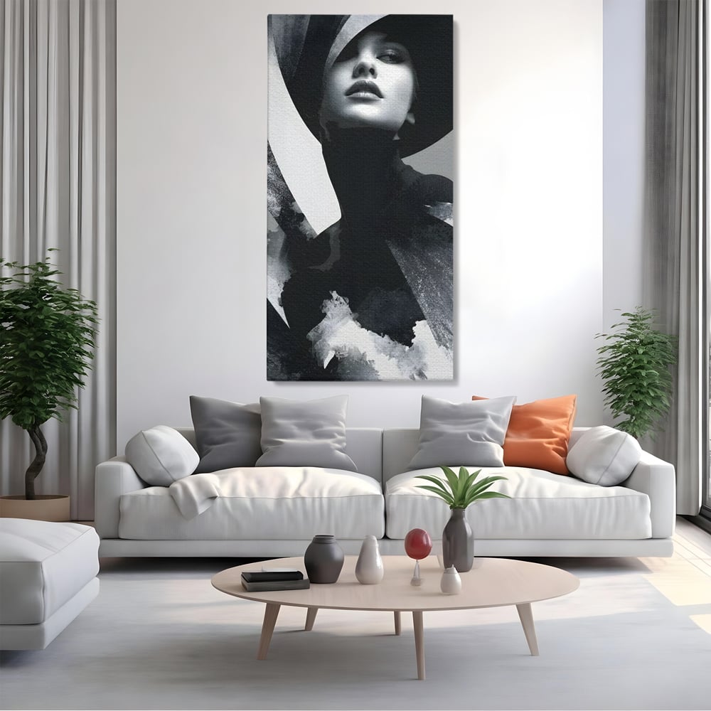 Tablou canvas cu tablou canvas cu portret artistic de femeie, fara rama, pe sasiu de lemn, pe perete intr-un living