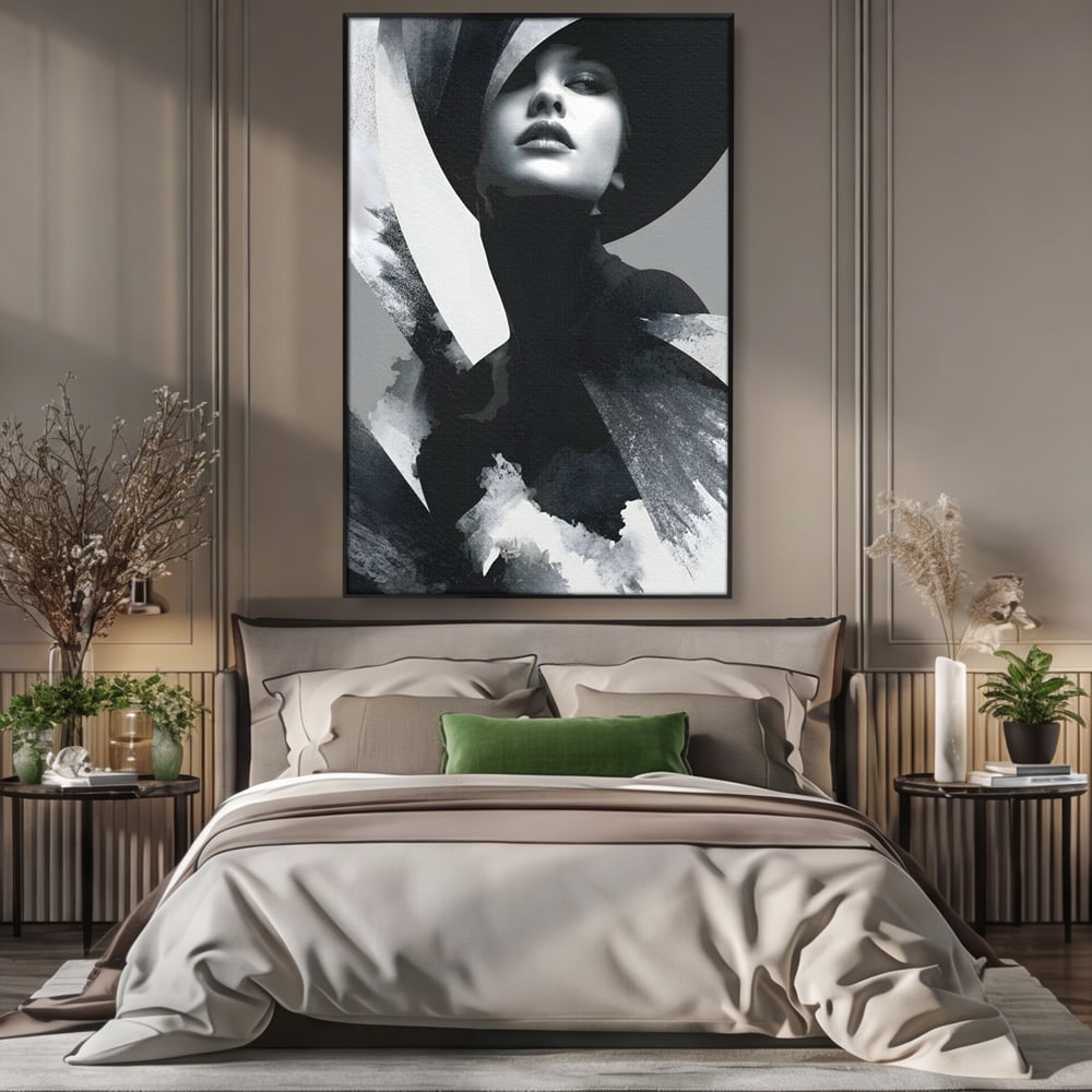 Tablou canvas cu tablou canvas cu portret artistic de femeie, in rama de aluminiu negru, pe perete intr-un dormitor