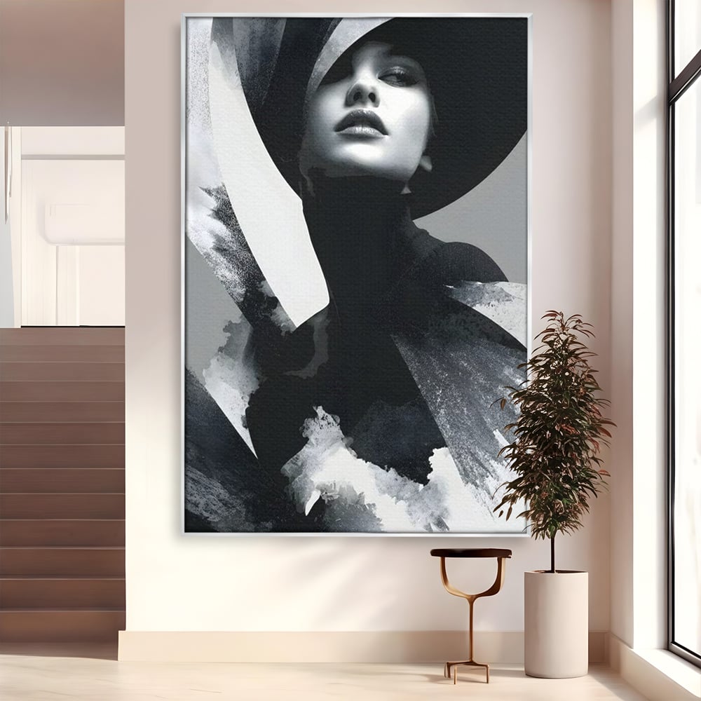 Tablou canvas cu tablou canvas cu portret artistic de femeie, in rama de aluminiu argintiu