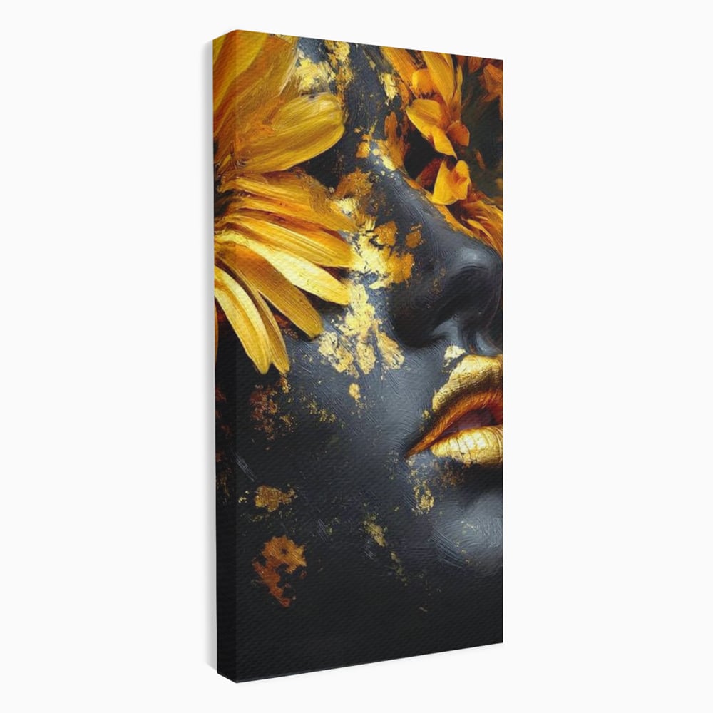 Tablou canvas cu tablou canvas cu portret feminin si foita aurie, fara rama, pe sasiu de lemn