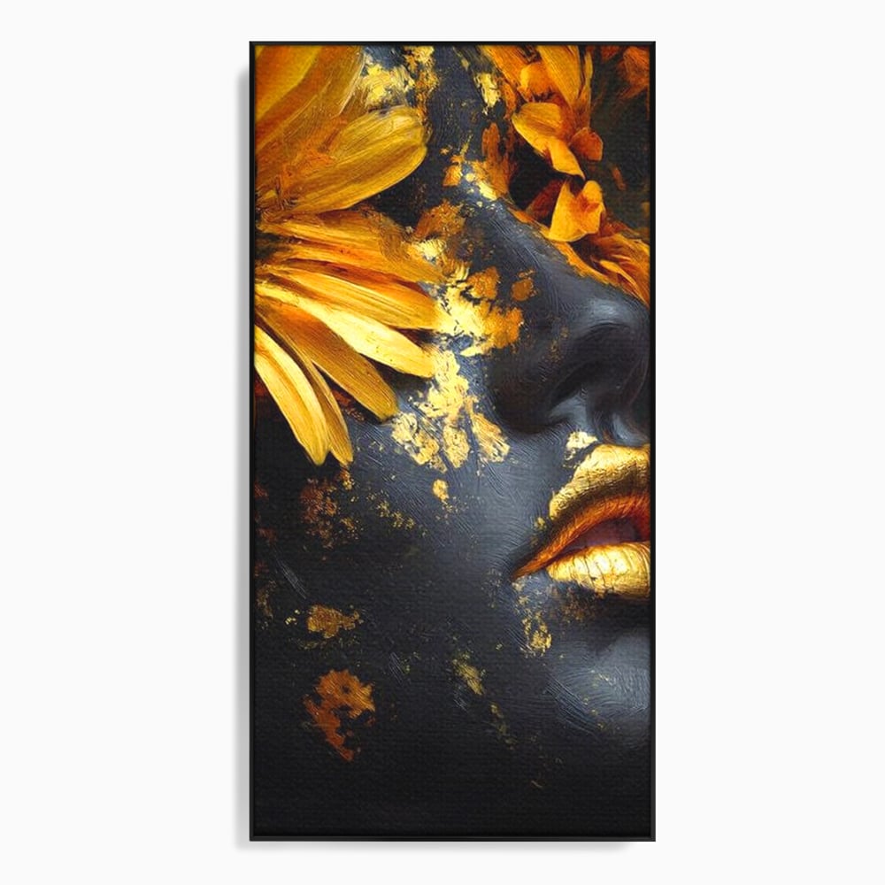 Tablou canvas cu tablou canvas cu portret feminin si foita aurie, in rama de aluminiu negru