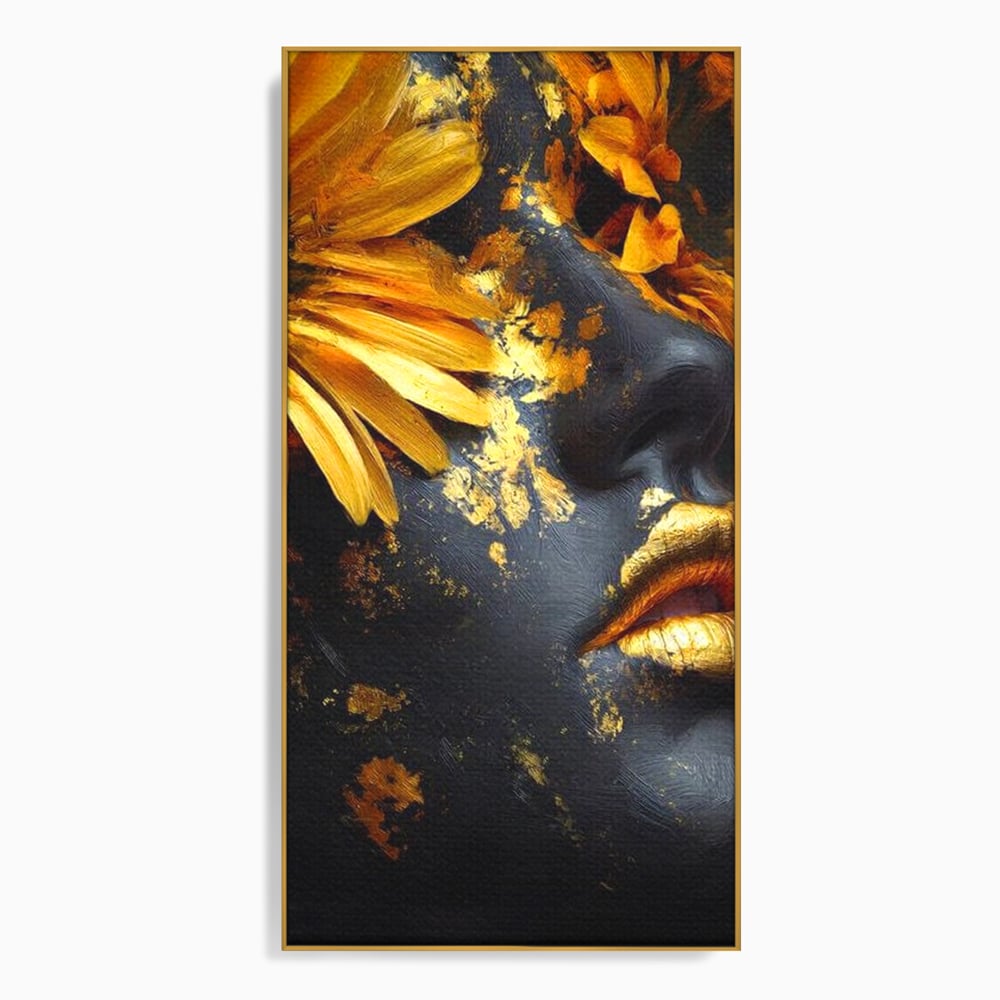 Tablou canvas cu tablou canvas cu portret feminin si foita aurie, in rama de aluminiu auriu