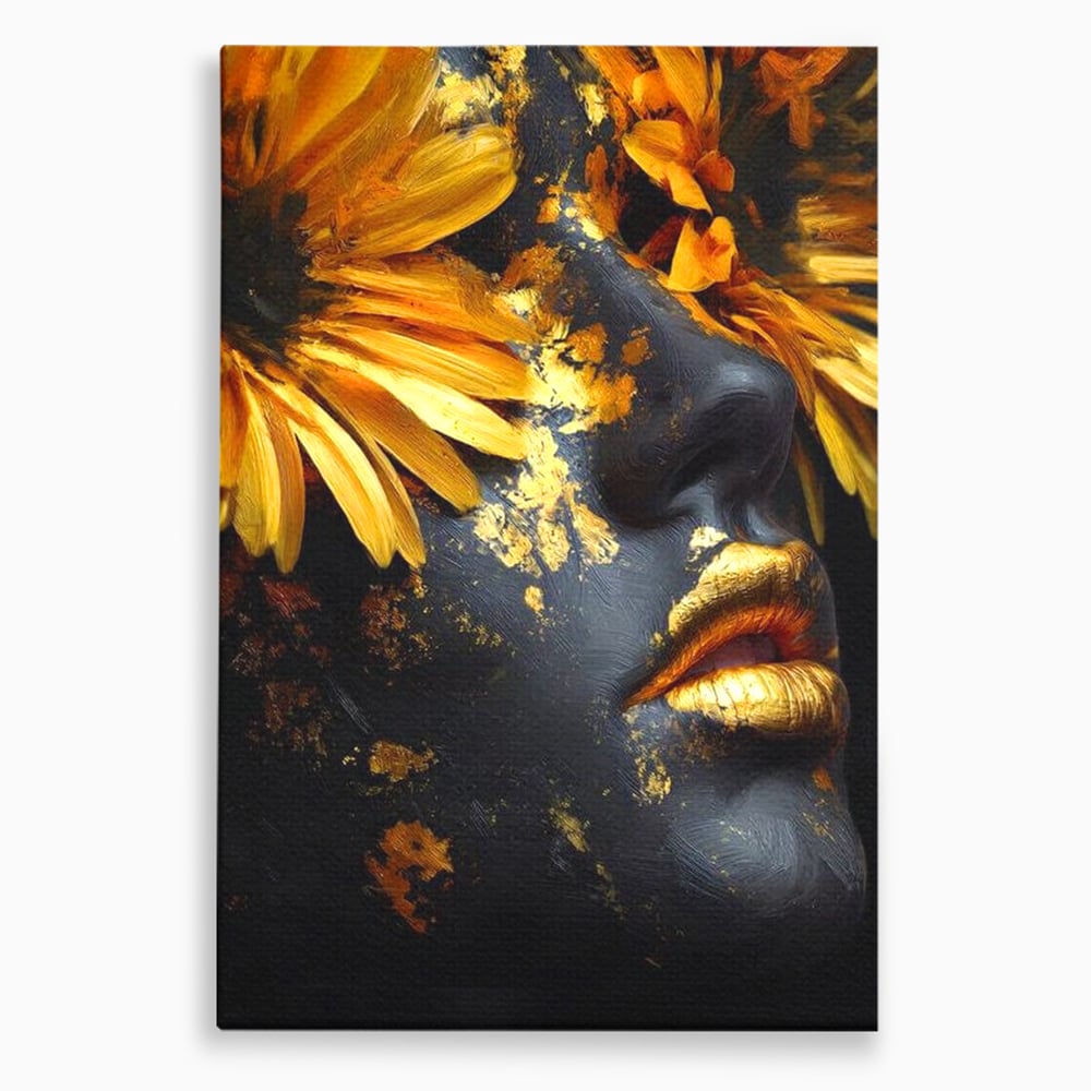 Tablou canvas cu tablou canvas cu portret feminin si foita aurie, fara rama, pe sasiu de lemn