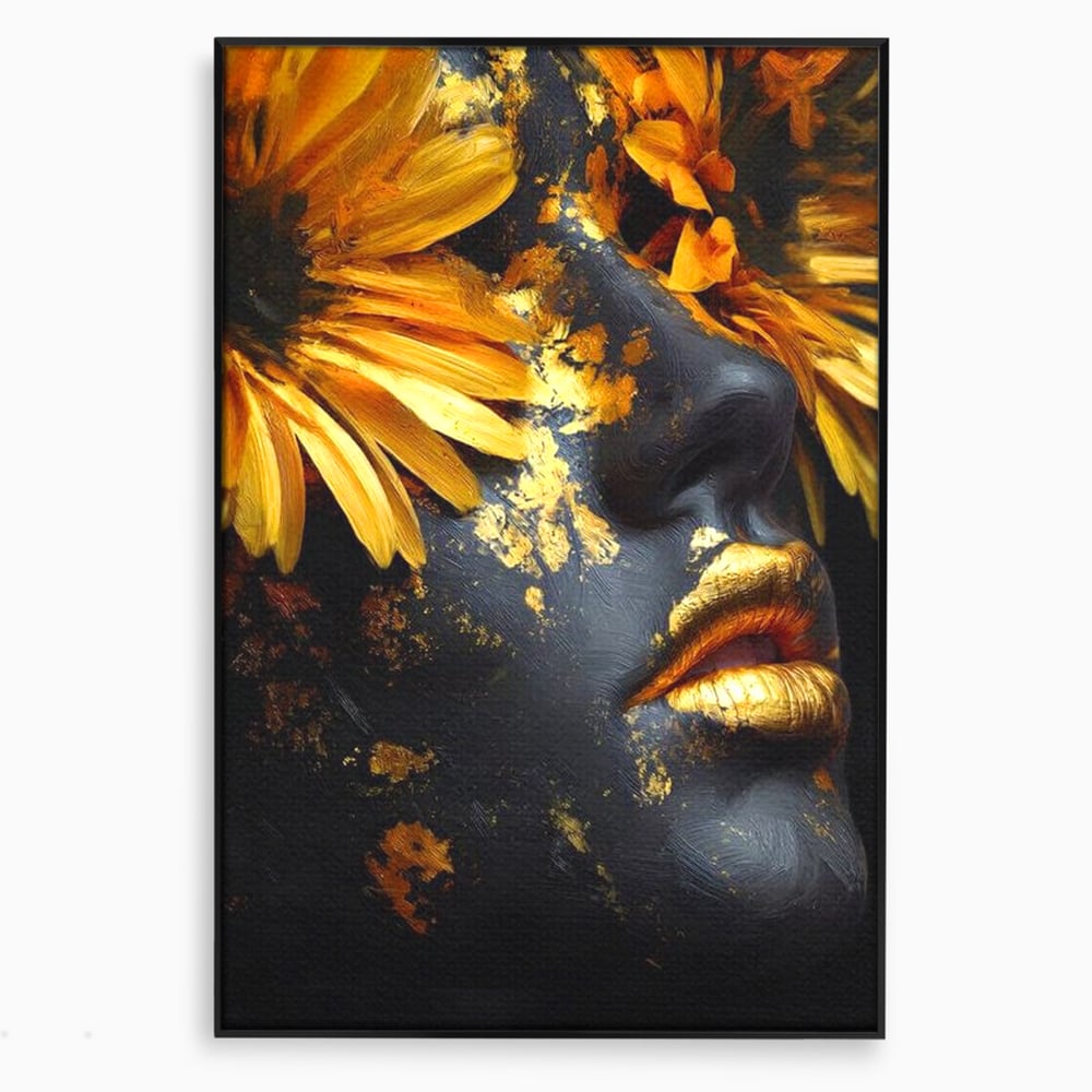 Tablou canvas cu tablou canvas cu portret feminin si foita aurie, in rama de aluminiu negru